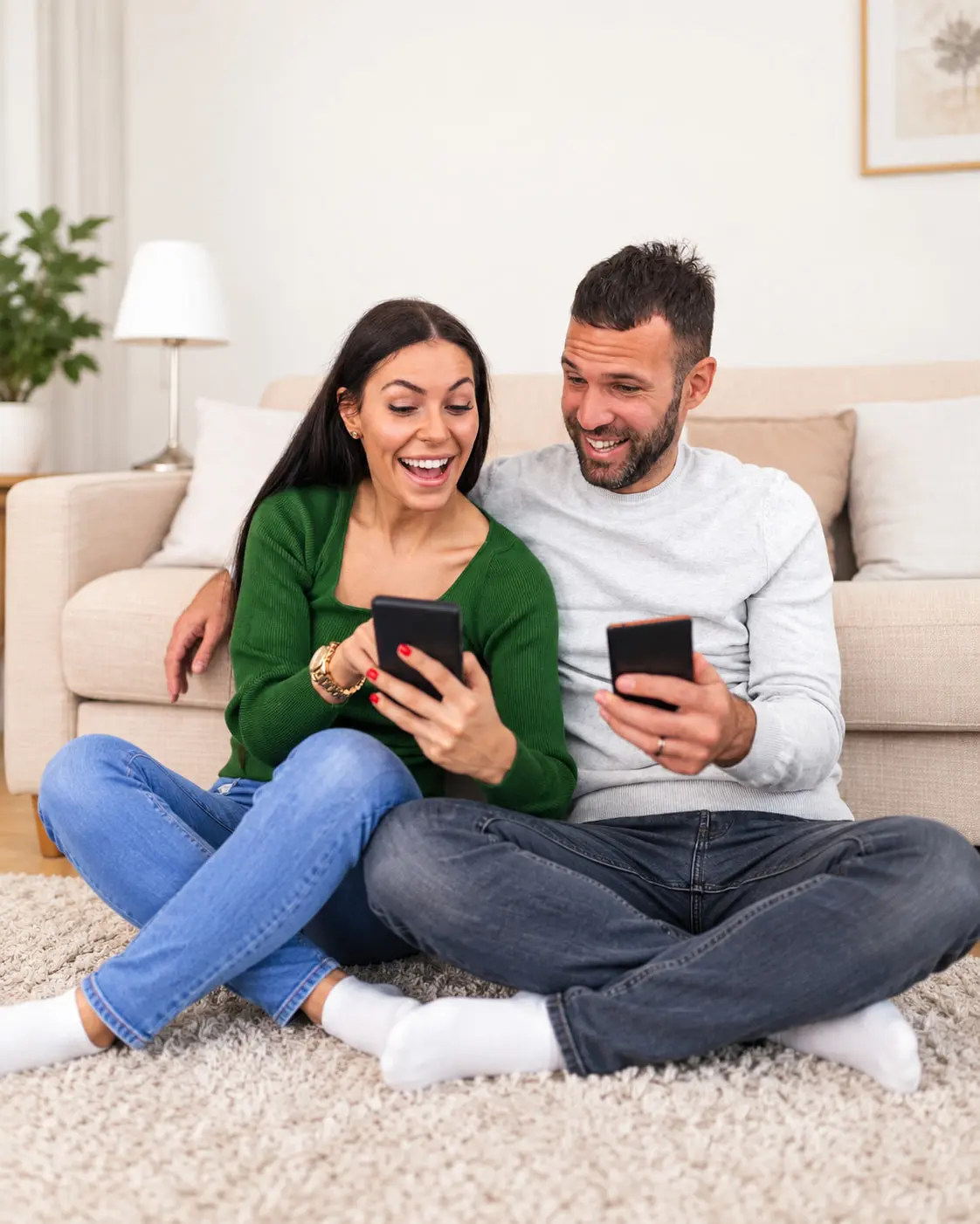 Homeowners watching videos on their phones at home