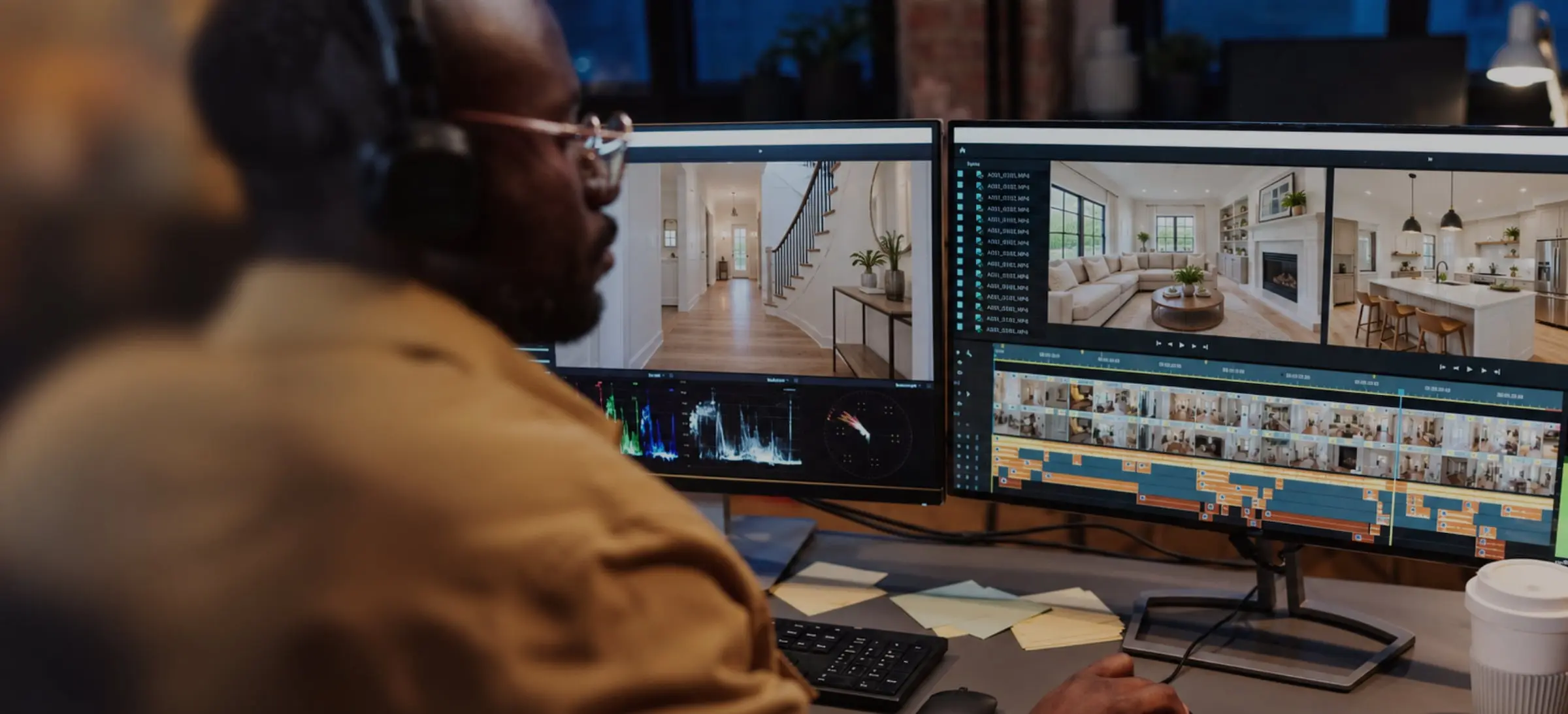 Video editor working on a remodeling project video across two monitors