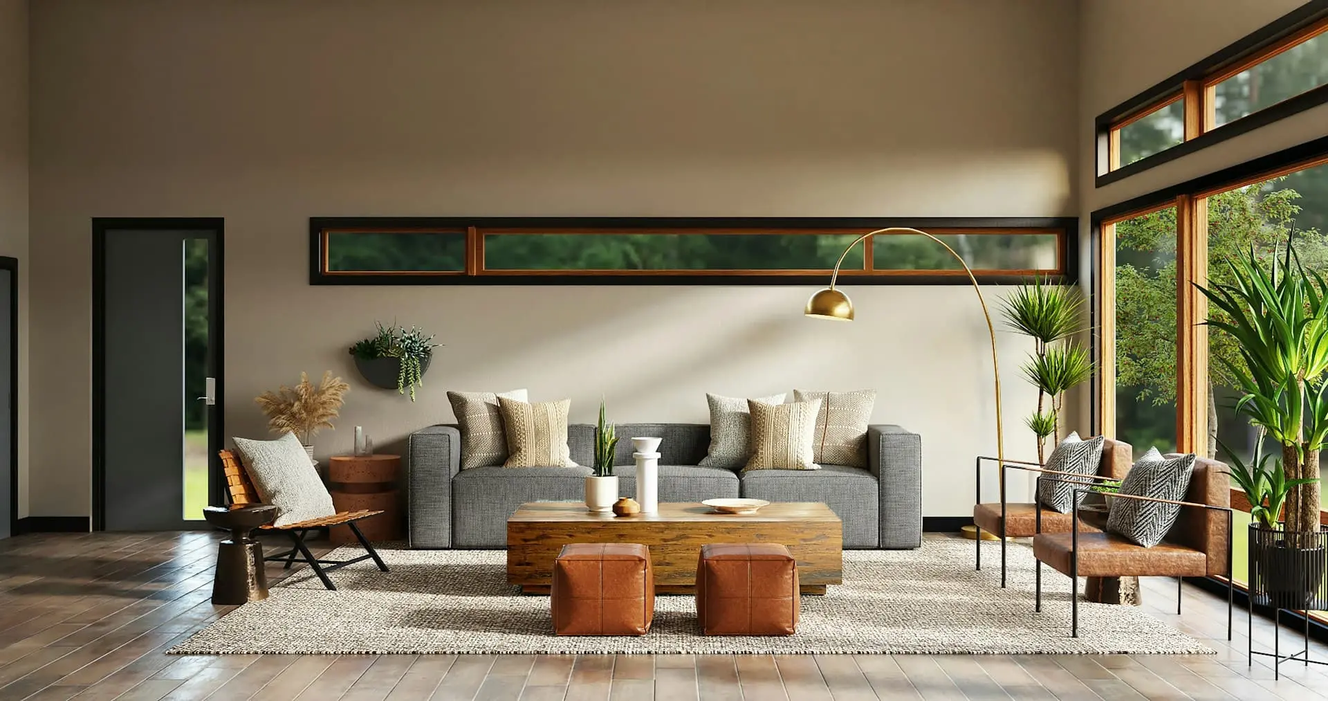 Sunlit living room with a grey sofa and leather ottomans