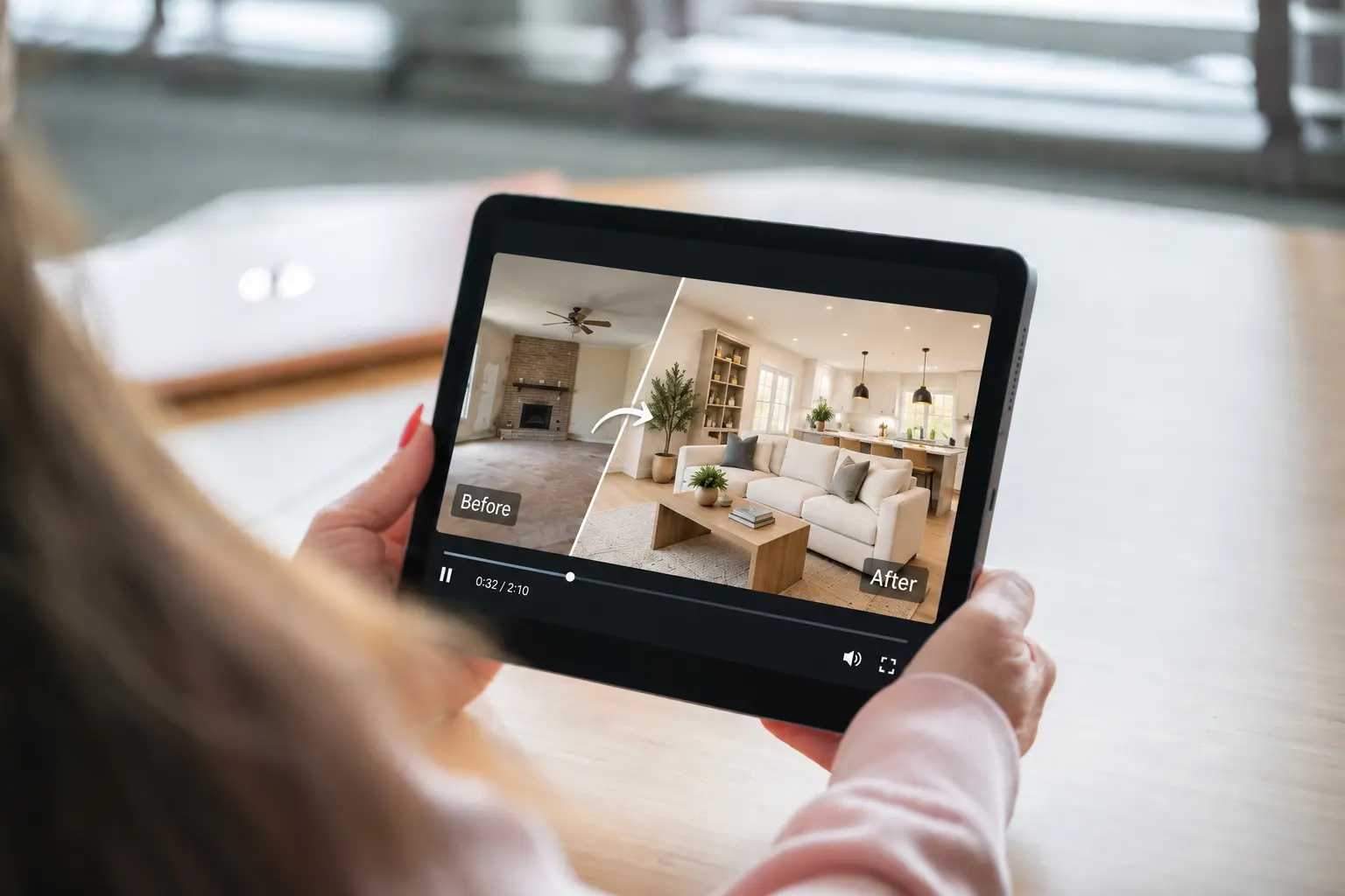Homeowner watching a before-and-after remodel video on a tablet
